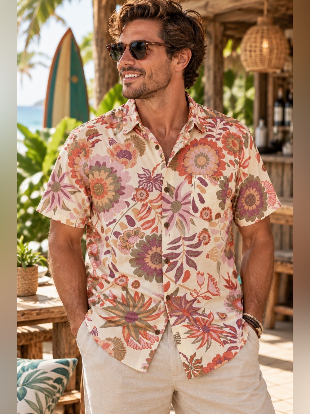 VISSLA Cream Short-Sleeve Button-Up with Pink, Orange and Green Floral Print